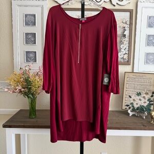 Plus Size 3X Red Tunic Blouse Long Sleeve Zip Front High Low Hem Workwear Chic